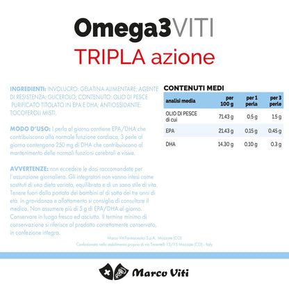 Omega3 Viti Tripla Azione, Integratore ad Alta Concentrazione di Omega-3 per Cuore, Cervello e Vista, Assunzione Giornaliera, 60 Capsule da 700 mg