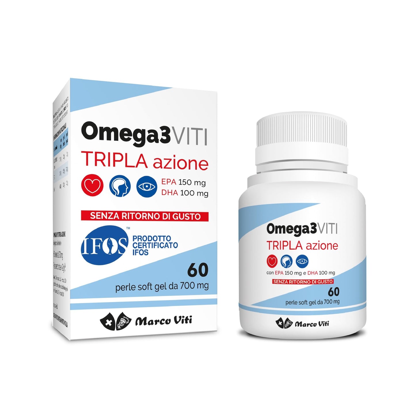 Omega3 Viti Tripla Azione, Integratore ad Alta Concentrazione di Omega-3 per Cuore, Cervello e Vista, Assunzione Giornaliera, 60 Capsule da 700 mg