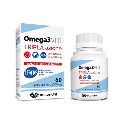 Omega3 Viti Tripla Azione, Integratore ad Alta Concentrazione di Omega-3 per Cuore, Cervello e Vista, Assunzione Giornaliera, 60 Capsule da 700 mg