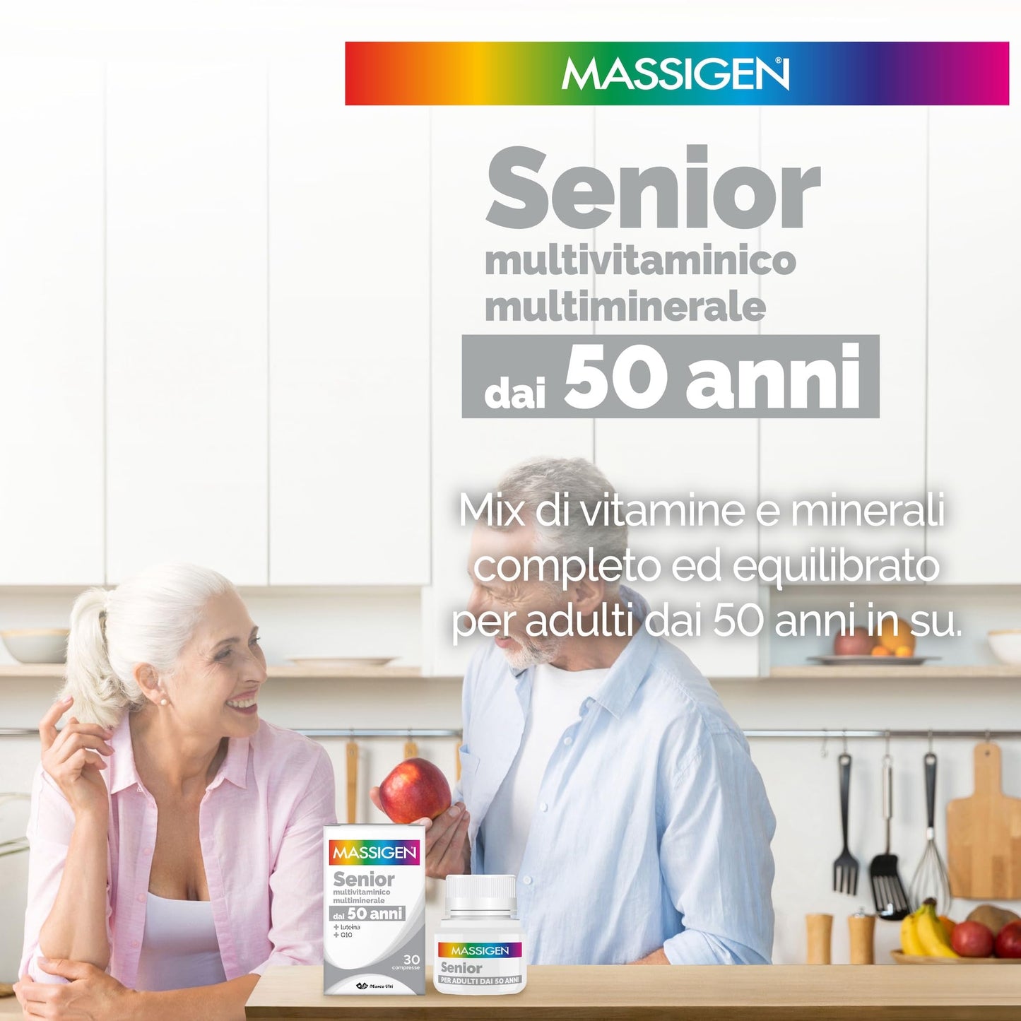 Massigen - Senior, Integratore Multivitaminico e Multiminerale per Over 50, Soddisfa il Fabbisogno Nutrizionale, con Coenzima Q10 e Luteina, 30 Compresse