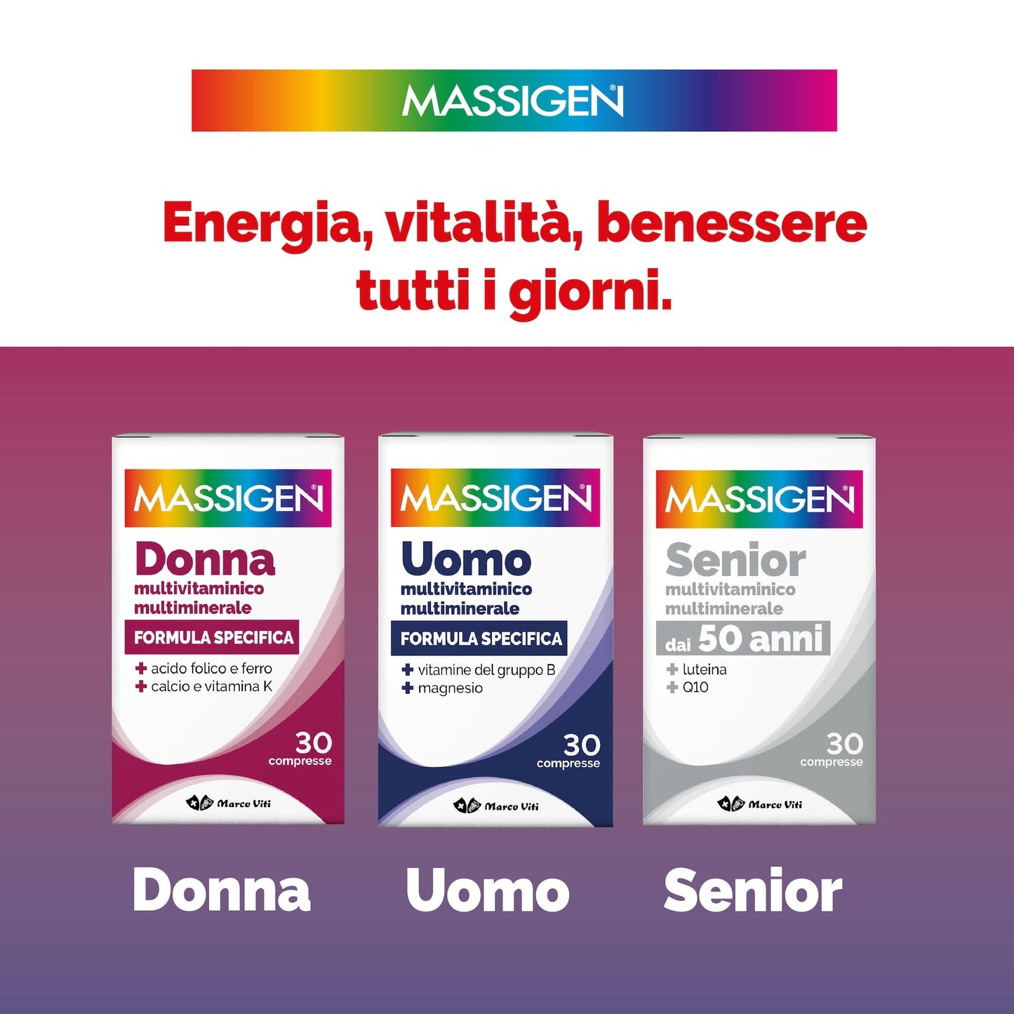 Massigen - Senior, Integratore Multivitaminico e Multiminerale per Over 50, Soddisfa il Fabbisogno Nutrizionale, con Coenzima Q10 e Luteina, 30 Compresse