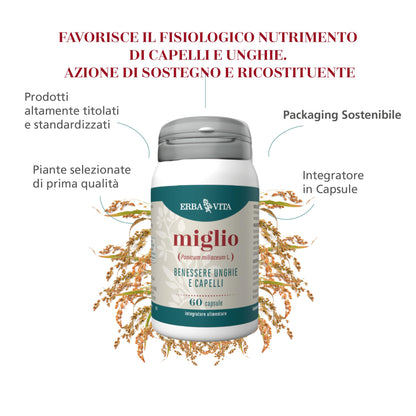 ERBA VITA Integratore Alimentare di Miglio - 60 Capsule - Formula potenziata utile per capelli e unghie