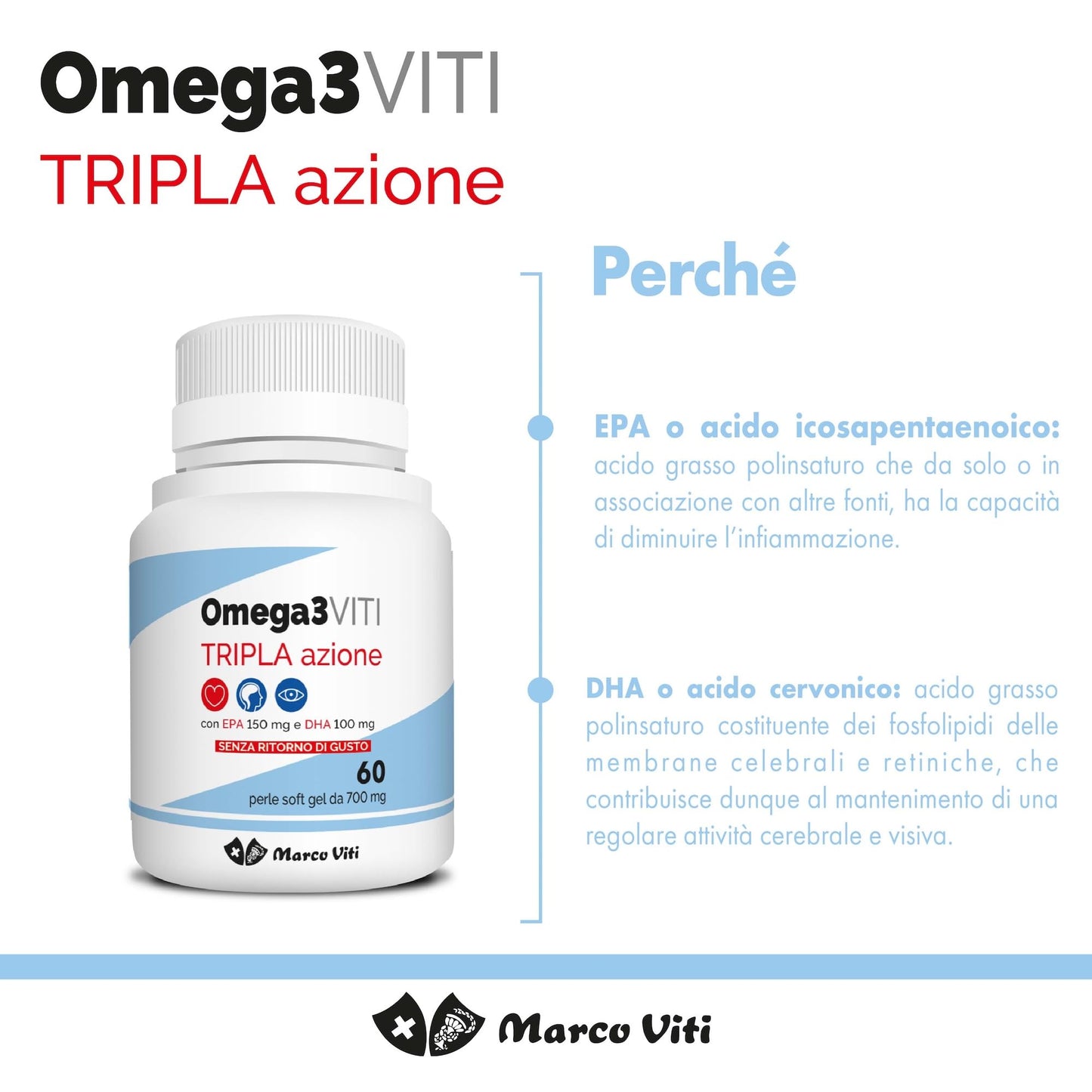 Omega3 Viti Tripla Azione, Integratore ad Alta Concentrazione di Omega-3 per Cuore, Cervello e Vista, Assunzione Giornaliera, 60 Capsule da 700 mg