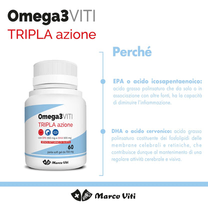 Omega3 Viti Tripla Azione, Integratore ad Alta Concentrazione di Omega-3 per Cuore, Cervello e Vista, Assunzione Giornaliera, 60 Capsule da 700 mg