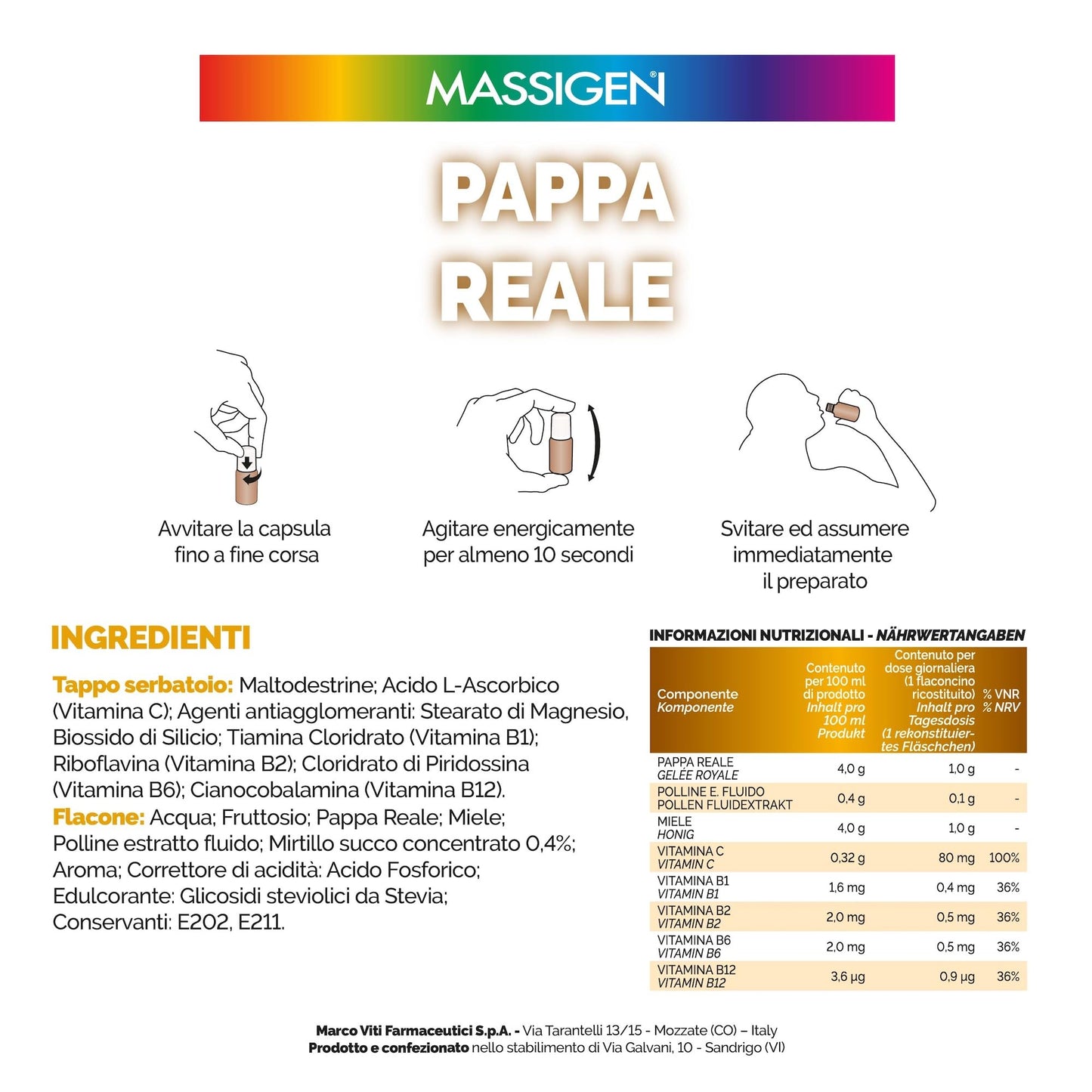 Massigen - Pappa Reale Tonico Naturale, Integratore Energetico, Azione Ricostituente e Antiossidante, con Miele e Pappa Reale, 10 Flaconcini da 25 ml