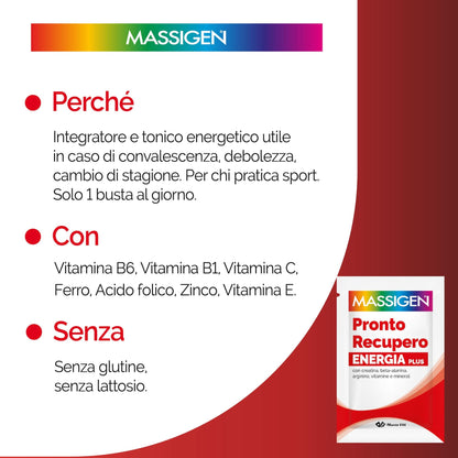 Massigen - Pronto Recupero Energia Plus, Integratore Tonico Energetico con Creatina, Arginina, Beta-Alanina, Vitamine e Minerali, 24 Bustine da 8 g, Gusto Arancia Rossa