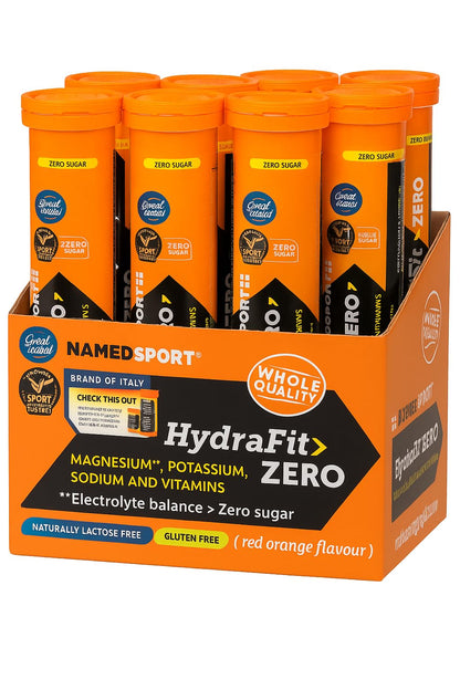 NAMEDSPORT HydraFit> ZERO – Compresse Effervescenti con Elettroliti e Vitamine, Senza Zuccheri e Calorie – 9 Confezioni da 20 Compresse (Totale 180 Compresse) – Gusto Arancia Rossa