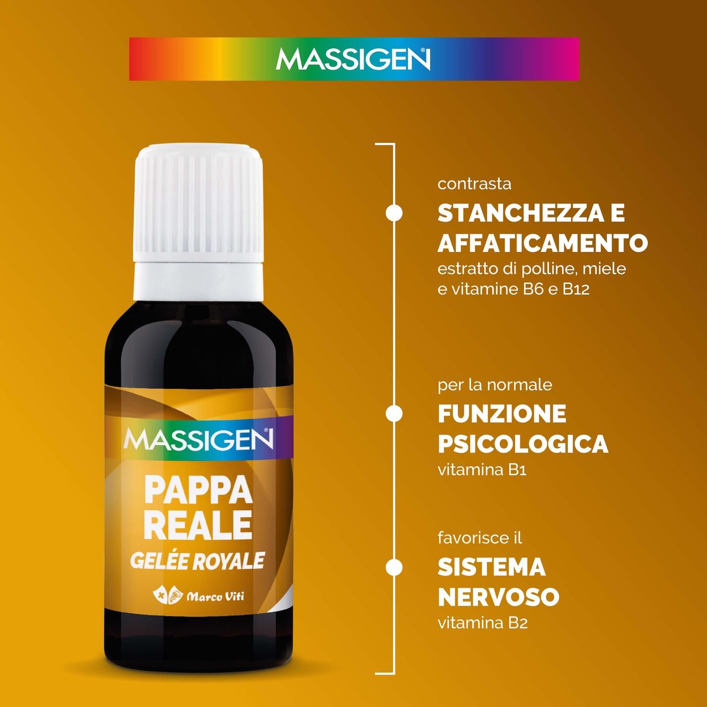 Massigen - Pappa Reale Tonico Naturale, Integratore Energetico, Azione Ricostituente e Antiossidante, con Miele e Pappa Reale, 10 Flaconcini da 25 ml