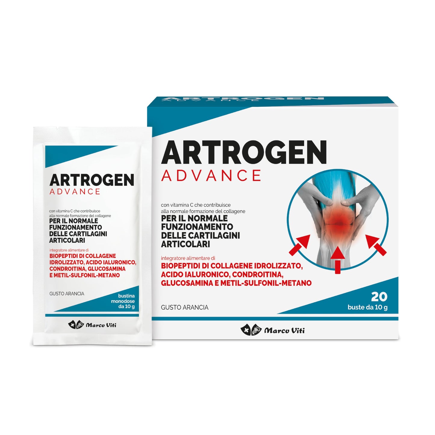 Artrogen Advance Buste, Integratore per Articolazioni con Peptidi di Collagene, Acido Ialuronico e Vitamina C, Supporta Cartilagini e Riduce Dolori Articolari, 20 Buste da 10 g