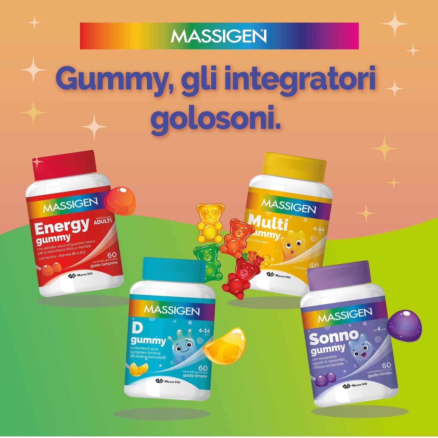 Massigen - C Gummy, 60 Caramelle da 3,3 g, Integratore Alimentare con Vitamina C, Vitamine Gommose per Bambini 4-14 Anni, Gusto Arancia, Ideale per Sistema Immunitario e Nervoso
