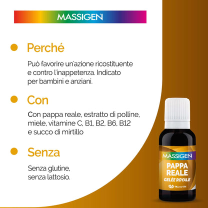 Massigen - Pappa Reale Tonico Naturale, Integratore Energetico, Azione Ricostituente e Antiossidante, con Miele e Pappa Reale, 10 Flaconcini da 25 ml