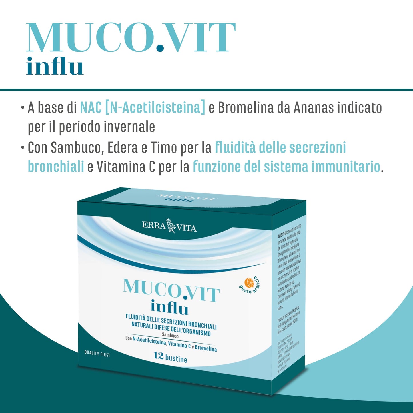 ERBA VITA Muco.vit Influ integratore alimentare in pratiche bustine solubili a base di N-Acetilcisteina e Bromelina da Ananas, specialmente indicato nel periodo invernale - 12 bustine