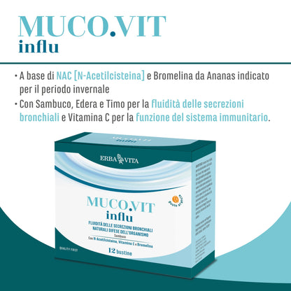 ERBA VITA Muco.vit Influ integratore alimentare in pratiche bustine solubili a base di N-Acetilcisteina e Bromelina da Ananas, specialmente indicato nel periodo invernale - 12 bustine