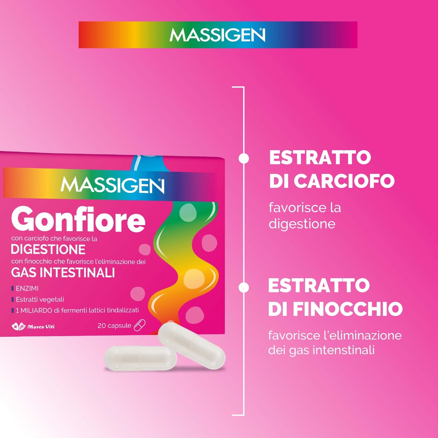 Massigen gonfiore integratore alimentare favorisce la digestione x20 capsule