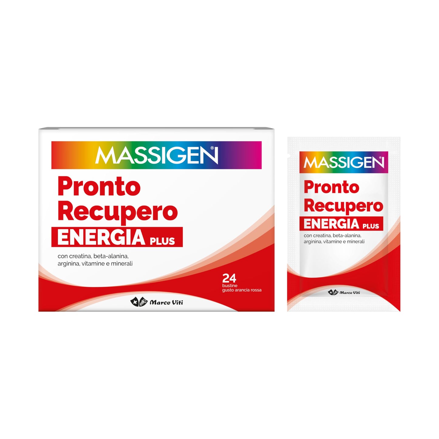 Massigen - Pronto Recupero Energia Plus, Integratore Tonico Energetico con Creatina, Arginina, Beta-Alanina, Vitamine e Minerali, 24 Bustine da 8 g, Gusto Arancia Rossa