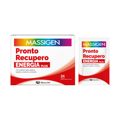 Massigen - Pronto Recupero Energia Plus, Integratore Tonico Energetico con Creatina, Arginina, Beta-Alanina, Vitamine e Minerali, 24 Bustine da 8 g, Gusto Arancia Rossa