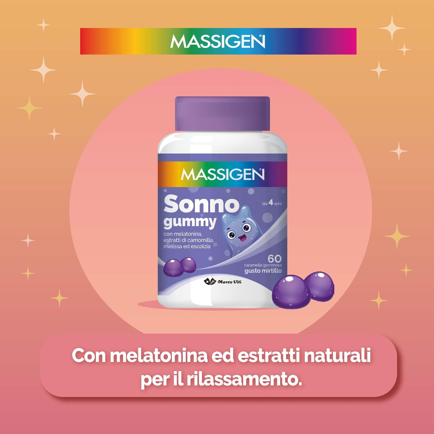 Massigen - Sonno Gummy, Integratore Alimentare con Melatonina e Estratti Naturali, Vitamine Gommose, Gusto Mirtillo, 60 Caramelle da 3,3 g, Per Rilassamento e Sonno