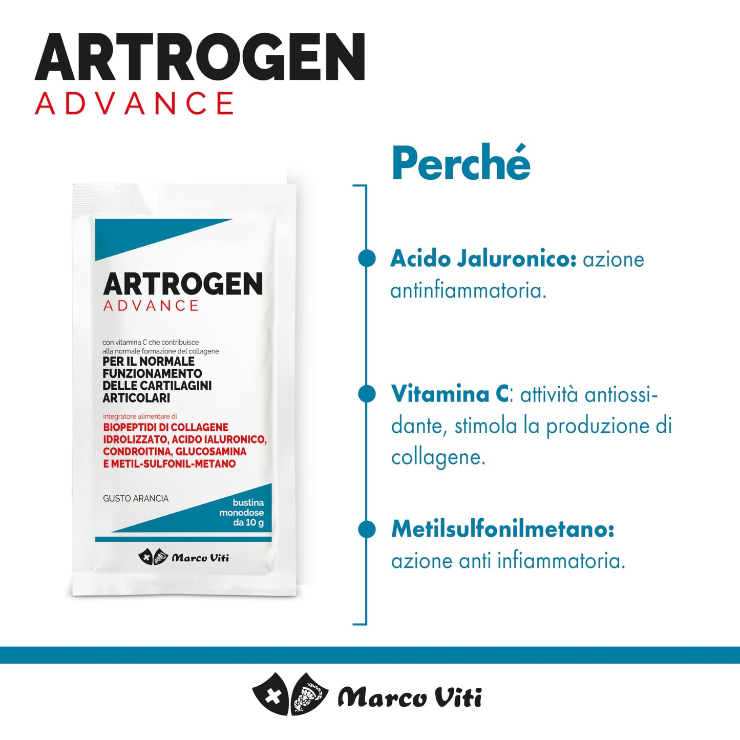 Artrogen Advance Buste, Integratore per Articolazioni con Peptidi di Collagene, Acido Ialuronico e Vitamina C, Supporta Cartilagini e Riduce Dolori Articolari, 20 Buste da 10 g