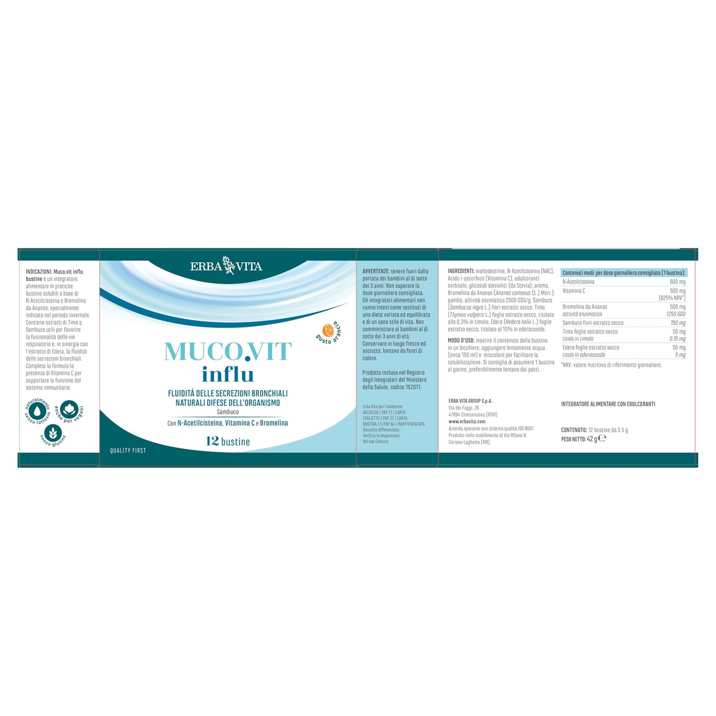 ERBA VITA Muco.vit Influ integratore alimentare in pratiche bustine solubili a base di N-Acetilcisteina e Bromelina da Ananas, specialmente indicato nel periodo invernale - 12 bustine