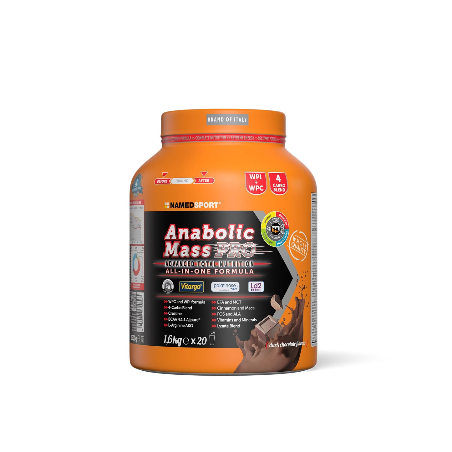 NAMEDSPORT ANABOLIC MASS PRO, Proteine in Polvere al Gusto Cioccolato, Proteine Isolate e Concentrate del Siero del Latte, per Crescita e al Mantenimento di Massa Muscolare, Brand of Italy, 1,6 kg