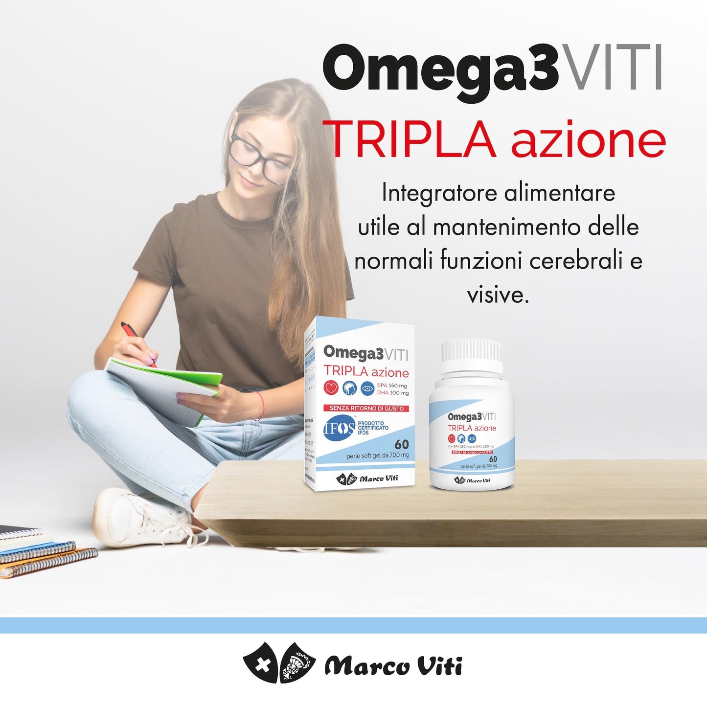 Omega3 Viti Tripla Azione, Integratore ad Alta Concentrazione di Omega-3 per Cuore, Cervello e Vista, Assunzione Giornaliera, 60 Capsule da 700 mg