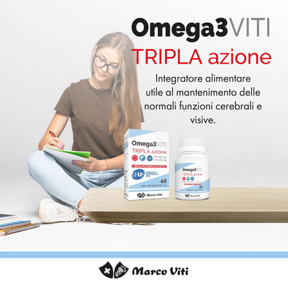 Omega3 Viti Tripla Azione, Integratore ad Alta Concentrazione di Omega-3 per Cuore, Cervello e Vista, Assunzione Giornaliera, 60 Capsule da 700 mg