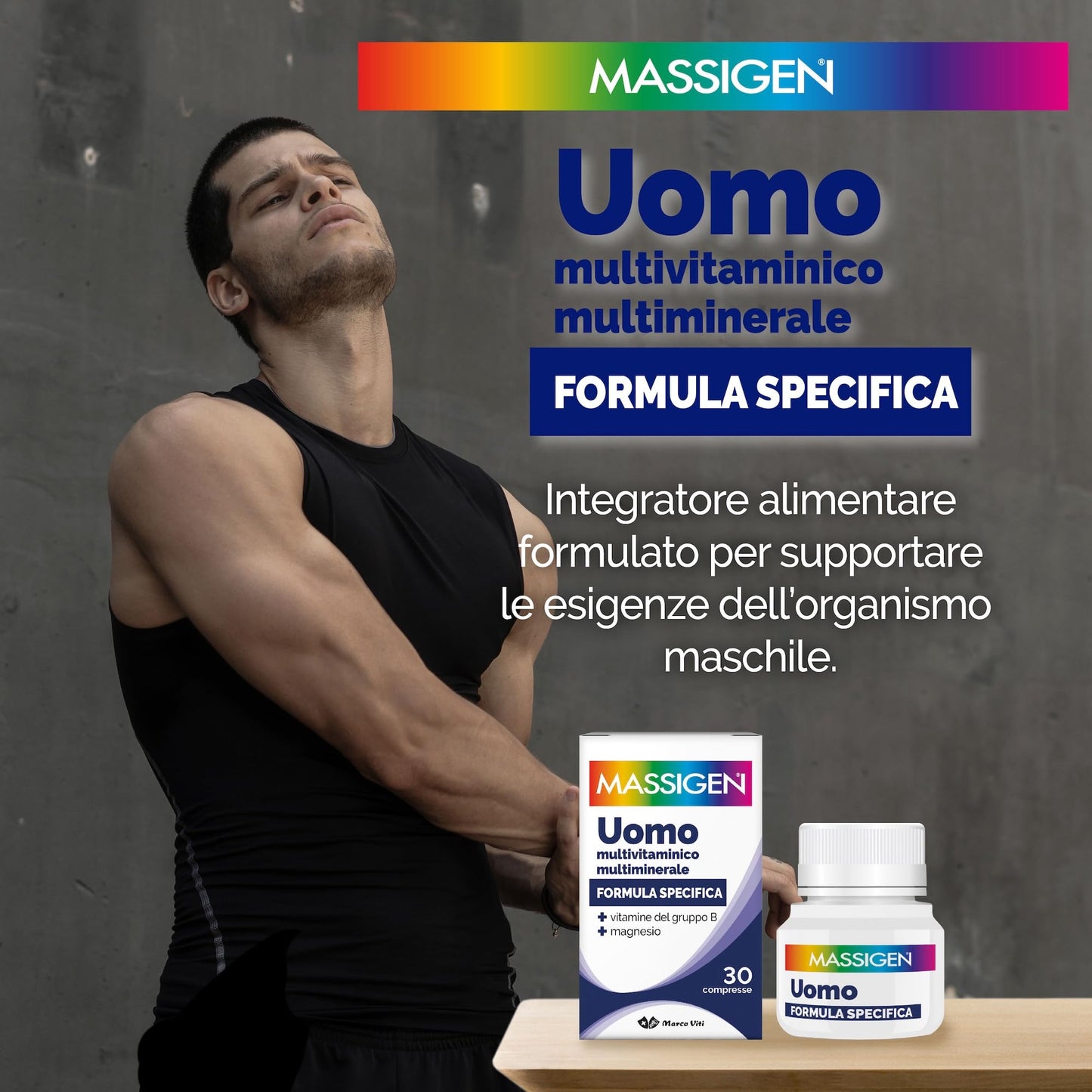 Massigen - Uomo, Formula Specifica, Integratore Multivitaminico e Multiminerale per Vitalità Maschile, Sostiene il Sistema Immunitario, con Magnesio e Zinco, 30 Compresse