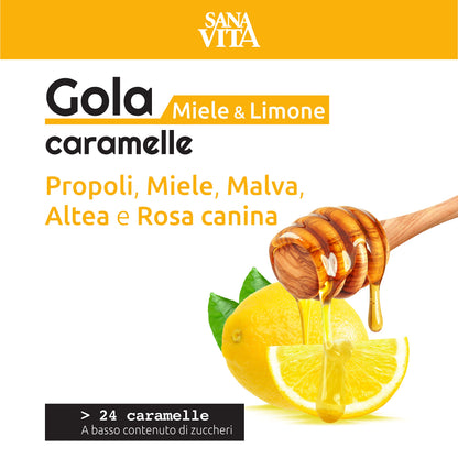 Sanavita Gola Limone Miele Caramelle con Propoli, Malva, Altea e Rosa Canina - 24 caramelle per confezione