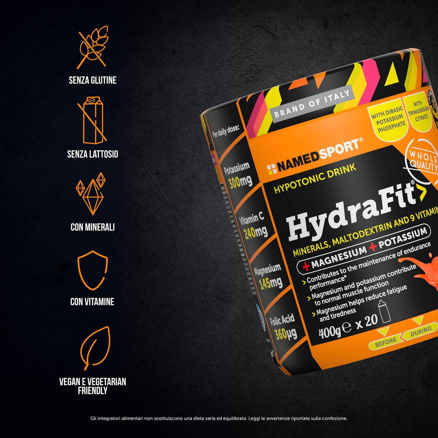 NAMEDSPORT Hydrafit> + Sportbottle, Mix di Magnesio, Potassio e Vitamine, Ideale per la Preparazione di Bevande Isotoniche, Utile per Reintegrare Liquidi nello Sport, Brand of Italy