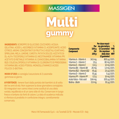 Massigen - Multi Gummy, Multivitaminico per Bambini 4-14 Anni, Vitamine Gommose con Vitamina A, C, E, D, B6, B12 e Acido Folico, 60 Caramelle, Quattro Gusti, Senza Glutine e Lattosio