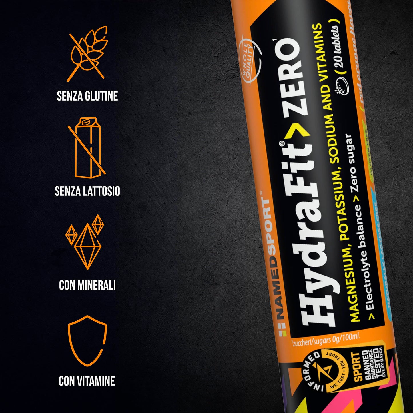 NAMEDSPORT HydraFit> ZERO – Compresse Effervescenti con Elettroliti e Vitamine, Senza Zuccheri e Calorie – 9 Confezioni da 20 Compresse (Totale 180 Compresse) – Gusto Arancia Rossa