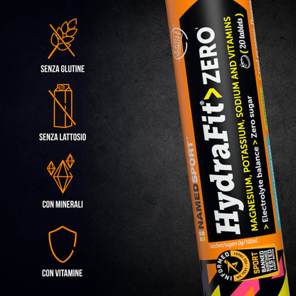 NAMEDSPORT HydraFit> ZERO – Compresse Effervescenti con Elettroliti e Vitamine, Senza Zuccheri e Calorie – 9 Confezioni da 20 Compresse (Totale 180 Compresse) – Gusto Arancia Rossa