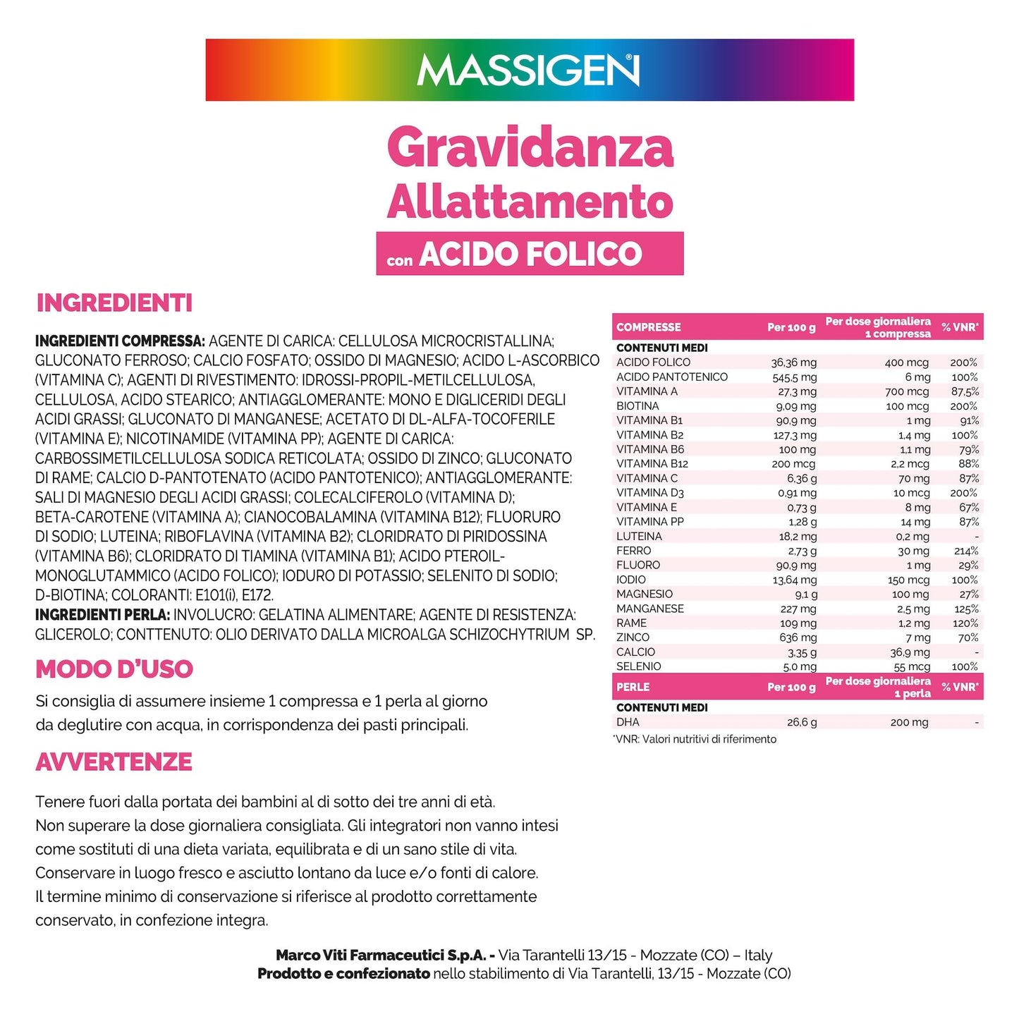 Massigen DailyVit+ - Multivitaminico, Gravidanza e Allattamento, Senza Glutine, In grado di Favorire lo Sviluppo fisiologico Cerebrale e degli Occhi del Feto, 30 Compresse da 11 g + 30 Perle da 700 mg