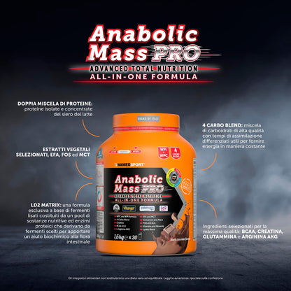 NAMEDSPORT ANABOLIC MASS PRO, Proteine in Polvere al Gusto Cioccolato, Proteine Isolate e Concentrate del Siero del Latte, per Crescita e al Mantenimento di Massa Muscolare, Brand of Italy, 1,6 kg