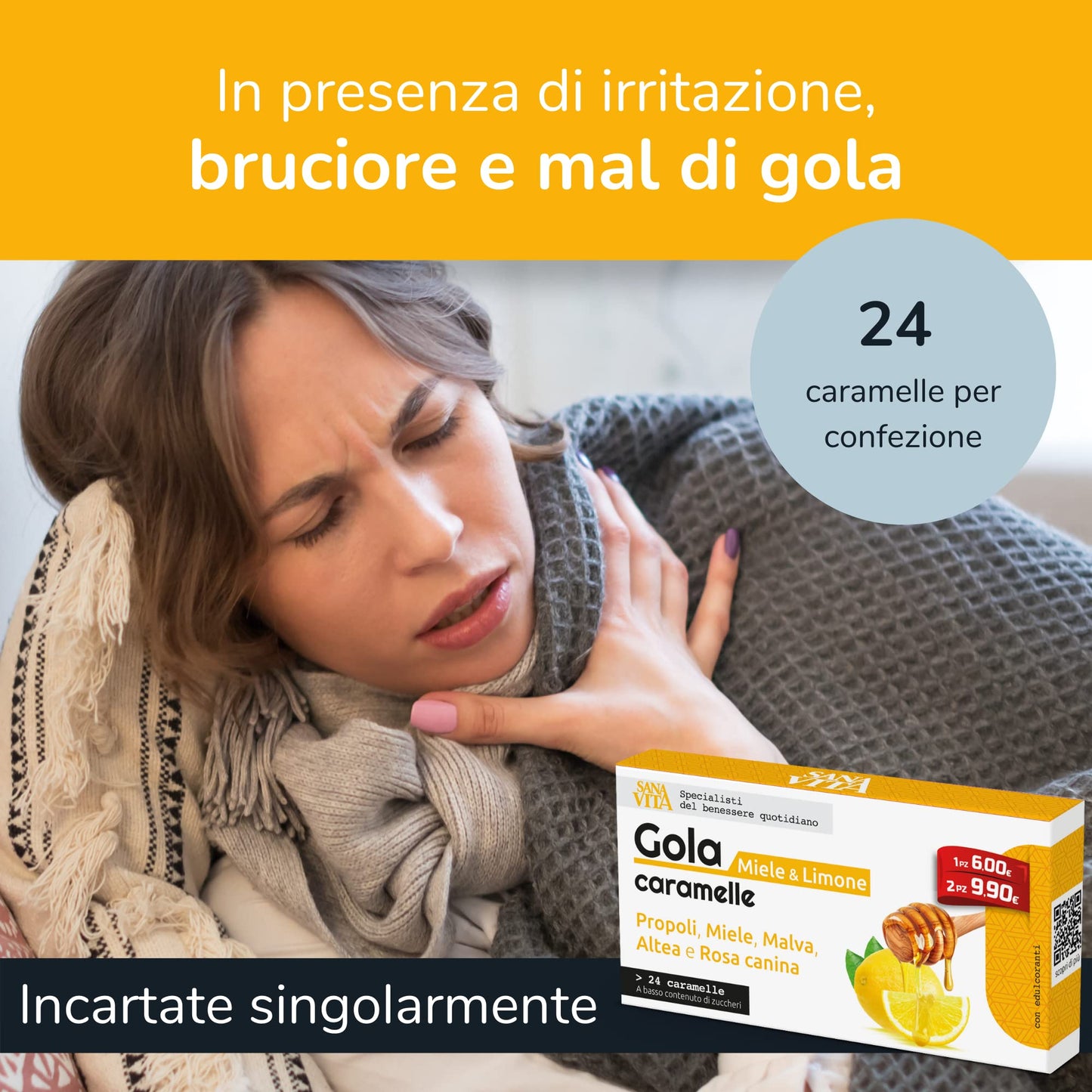 Sanavita Gola Limone Miele Caramelle con Propoli, Malva, Altea e Rosa Canina - 24 caramelle per confezione