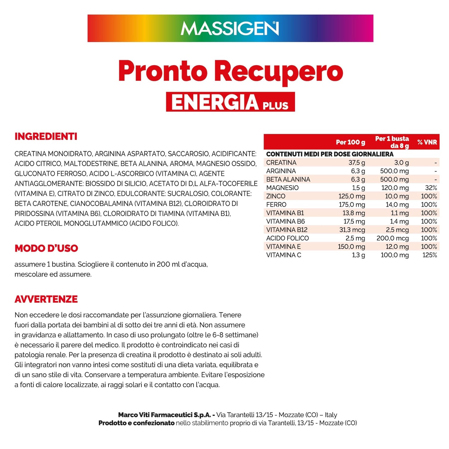 Massigen - Pronto Recupero Energia Plus, Integratore Tonico Energetico con Creatina, Arginina, Beta-Alanina, Vitamine e Minerali, 24 Bustine da 8 g, Gusto Arancia Rossa