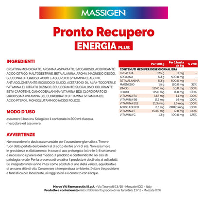 Massigen - Pronto Recupero Energia Plus, Integratore Tonico Energetico con Creatina, Arginina, Beta-Alanina, Vitamine e Minerali, 24 Bustine da 8 g, Gusto Arancia Rossa