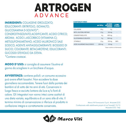 Artrogen Advance Buste, Integratore per Articolazioni con Peptidi di Collagene, Acido Ialuronico e Vitamina C, Supporta Cartilagini e Riduce Dolori Articolari, 20 Buste da 10 g
