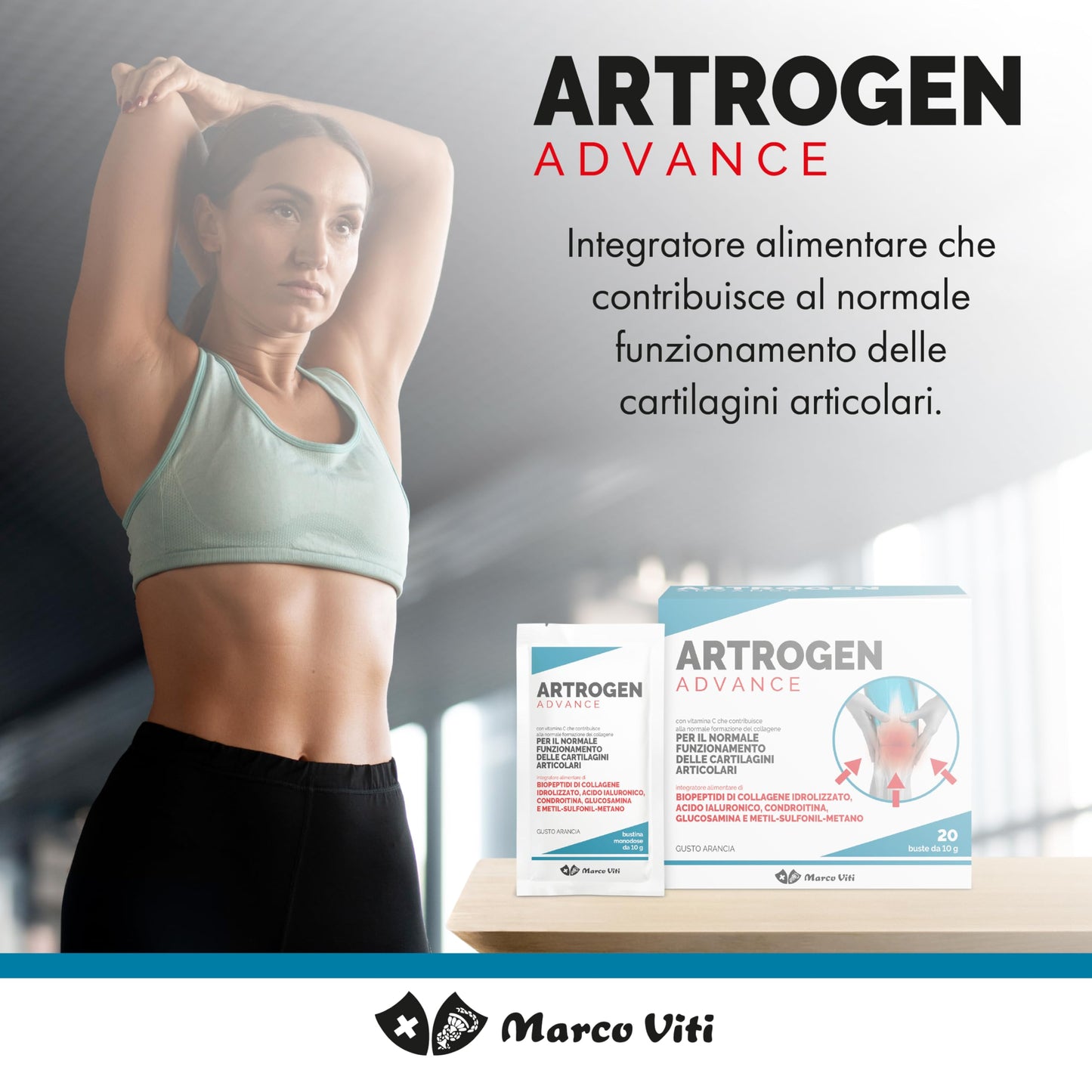 Artrogen Advance Buste, Integratore per Articolazioni con Peptidi di Collagene, Acido Ialuronico e Vitamina C, Supporta Cartilagini e Riduce Dolori Articolari, 20 Buste da 10 g