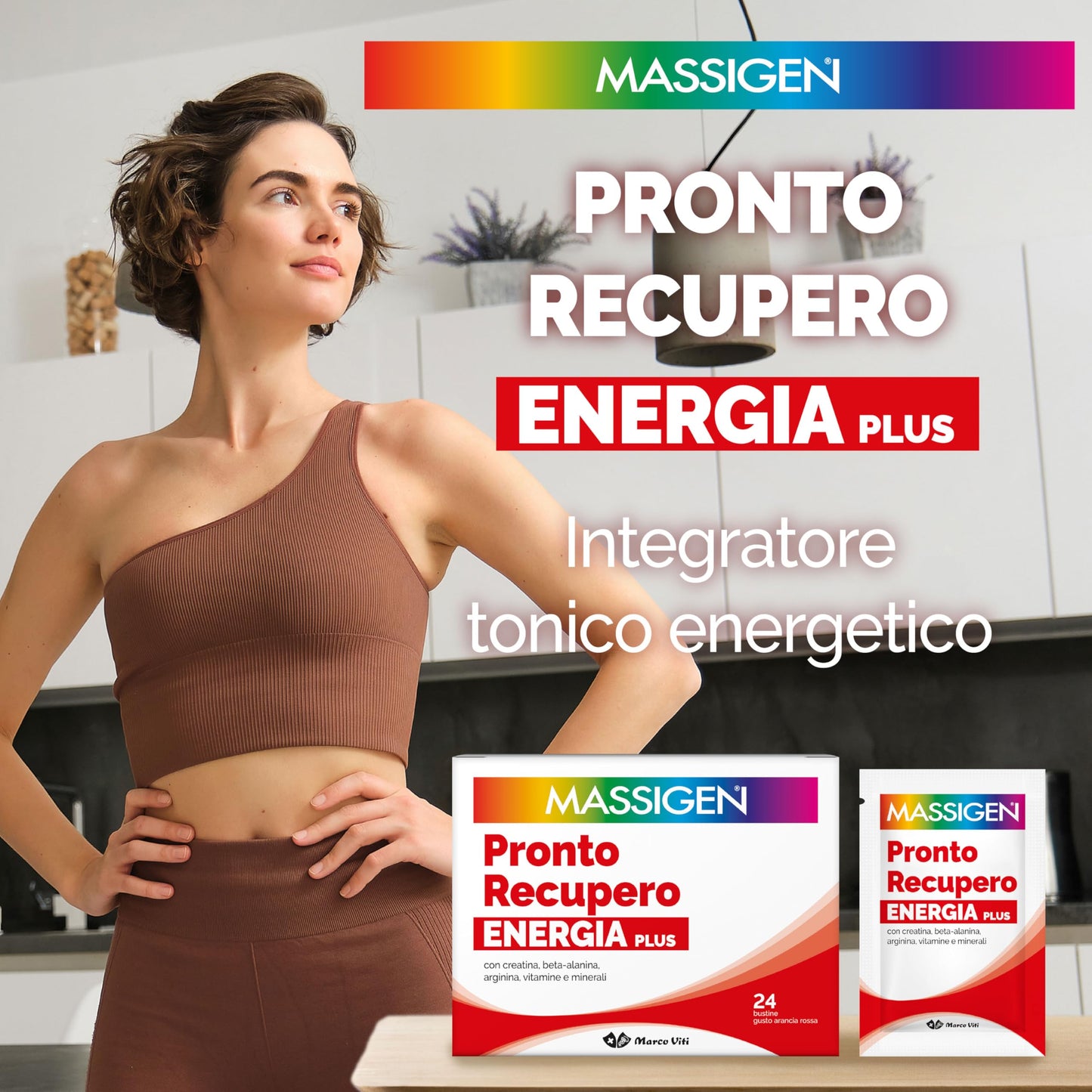 Massigen - Pronto Recupero Energia Plus, Integratore Tonico Energetico con Creatina, Arginina, Beta-Alanina, Vitamine e Minerali, 24 Bustine da 8 g, Gusto Arancia Rossa