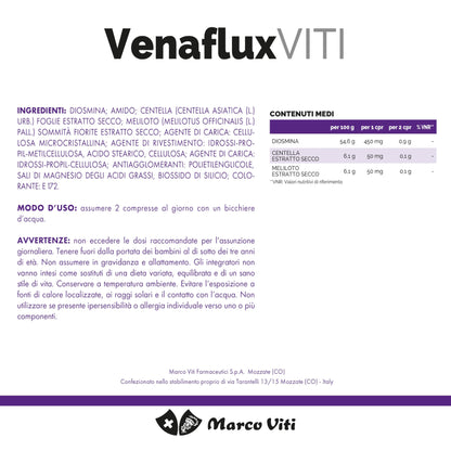 Venaflux Viti - Compresse, Integratore per la Circolazione, con Diosmina, Allevia i Fastidi Circolatori, Ippocastano e Centella, 30 Compresse da 80 mg