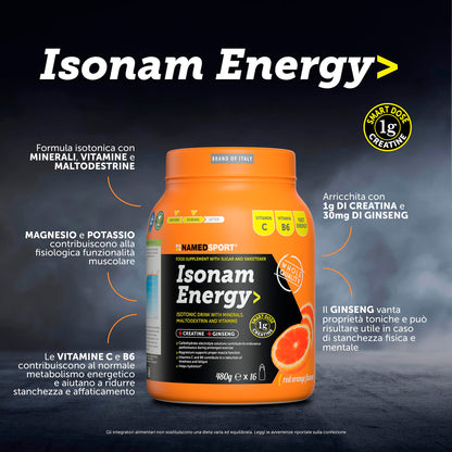 NAMEDSPORT Isonam Energy ORANGE - 480g, Aiuta ad integrare le perdite idrosaline, contribuisce al normale metabolismo energetico, 1 barattolo, contiene 1g di Creatina