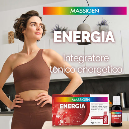 Massigen - Tonico Energia, Integratore Energetico con Ginseng e Guaranà, Combatte la Stanchezza, 10 Flaconcini da 25 ml, Senza Glutine