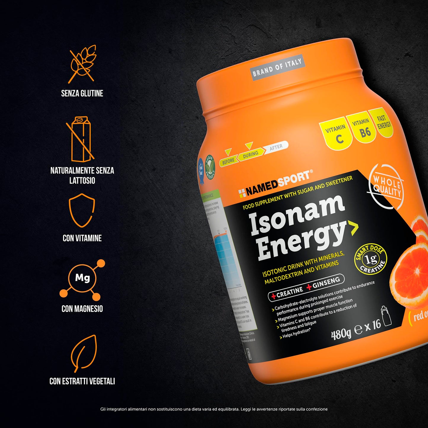 NAMEDSPORT Isonam Energy ORANGE - 480g, Aiuta ad integrare le perdite idrosaline, contribuisce al normale metabolismo energetico, 1 barattolo, contiene 1g di Creatina