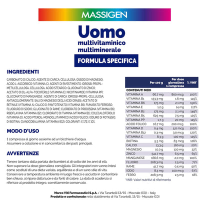 Massigen - Uomo, Formula Specifica, Integratore Multivitaminico e Multiminerale per Vitalità Maschile, Sostiene il Sistema Immunitario, con Magnesio e Zinco, 30 Compresse
