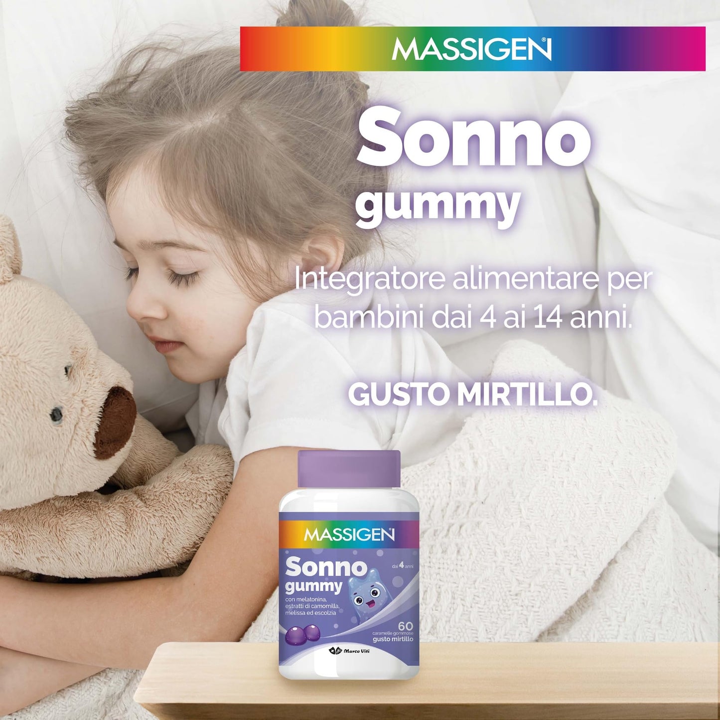 Massigen - Sonno Gummy, Integratore Alimentare con Melatonina e Estratti Naturali, Vitamine Gommose, Gusto Mirtillo, 60 Caramelle da 3,3 g, Per Rilassamento e Sonno