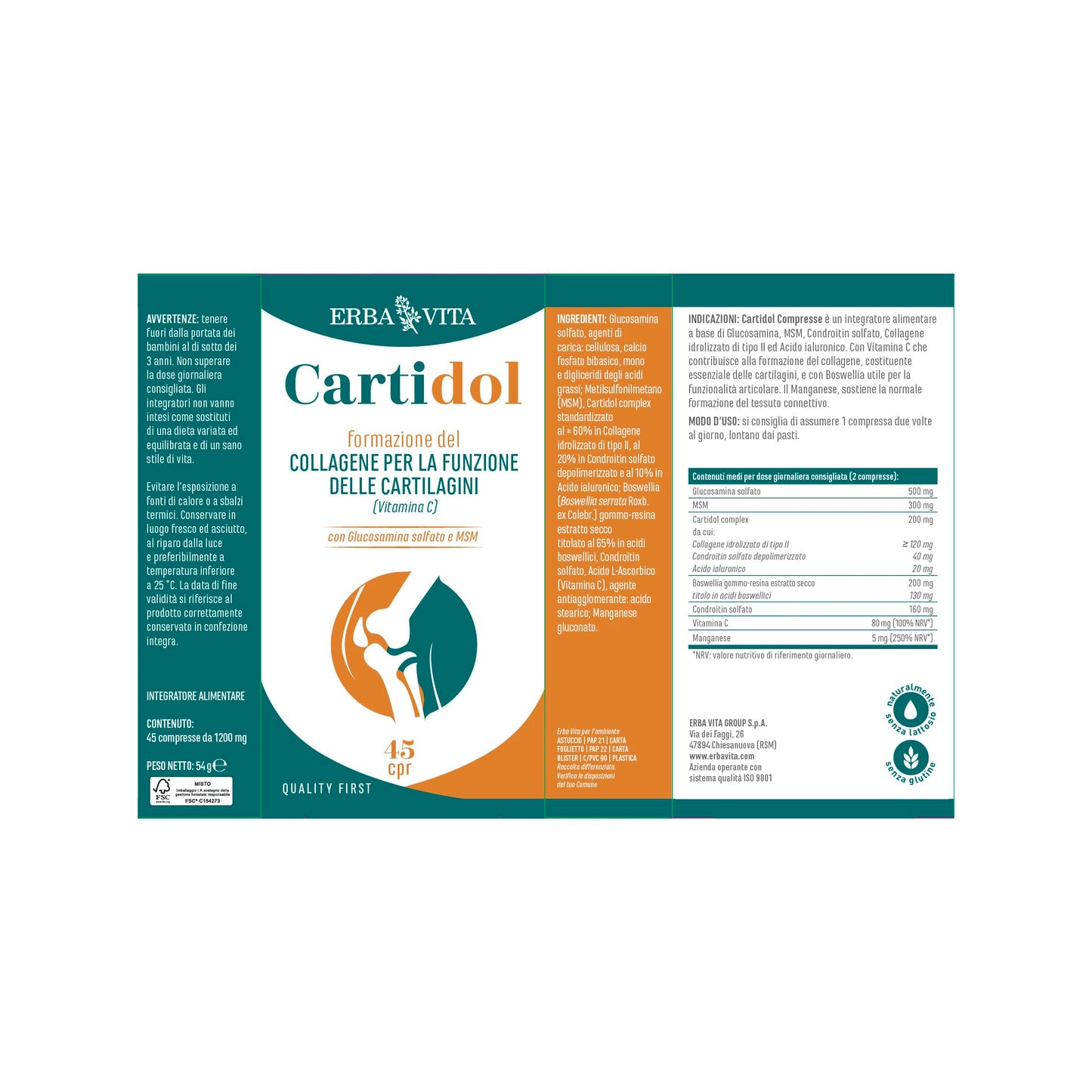 ERBA VITA Cartidol 45 Compresse integratore alimentare a base di Glucosamina, MSM, Condroitin solfato, Collagene idrolizzato di tipo II e Acido ialuronico