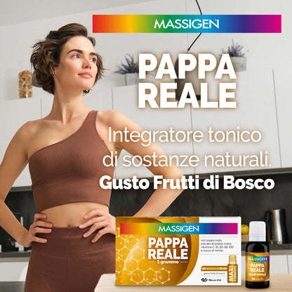 Massigen - Pappa Reale Tonico Naturale, Integratore Energetico, Azione Ricostituente e Antiossidante, con Miele e Pappa Reale, 10 Flaconcini da 25 ml