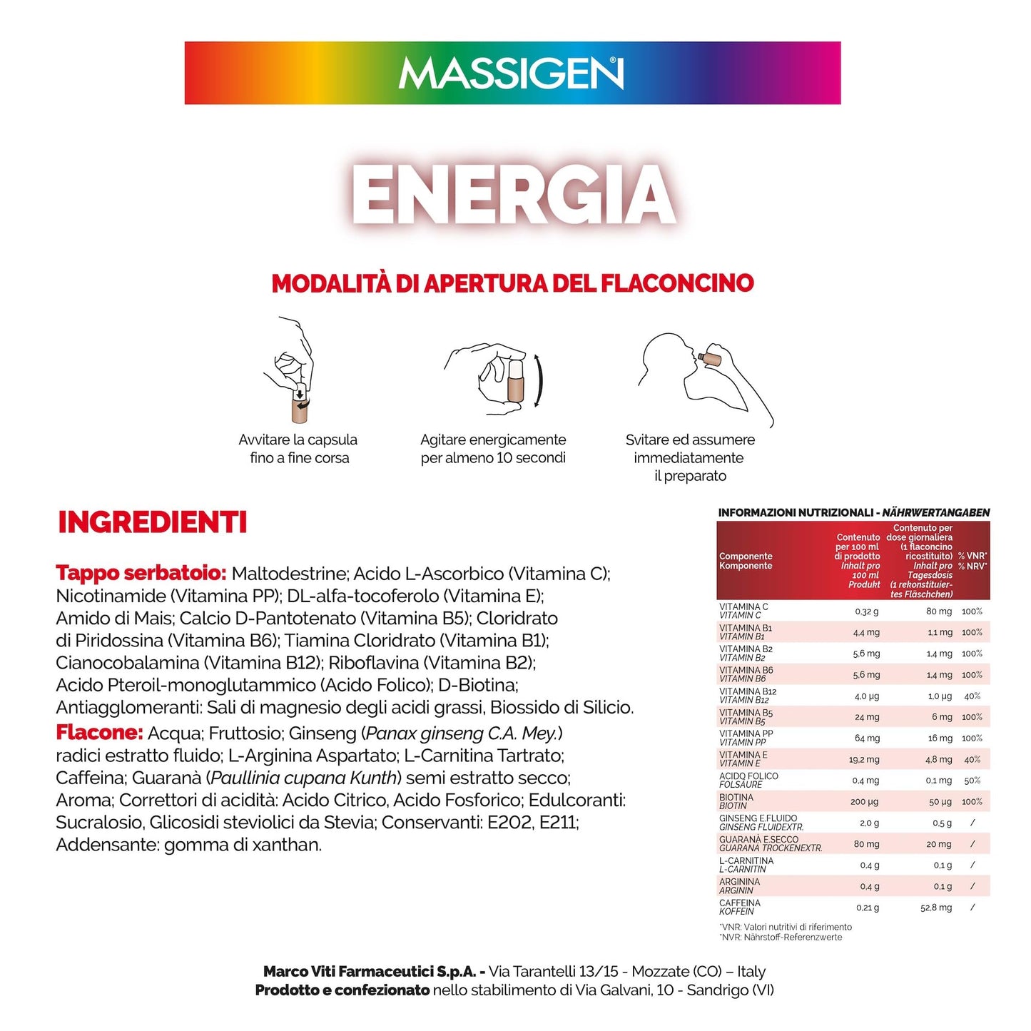 Massigen - Tonico Energia, Integratore Energetico con Ginseng e Guaranà, Combatte la Stanchezza, 10 Flaconcini da 25 ml, Senza Glutine