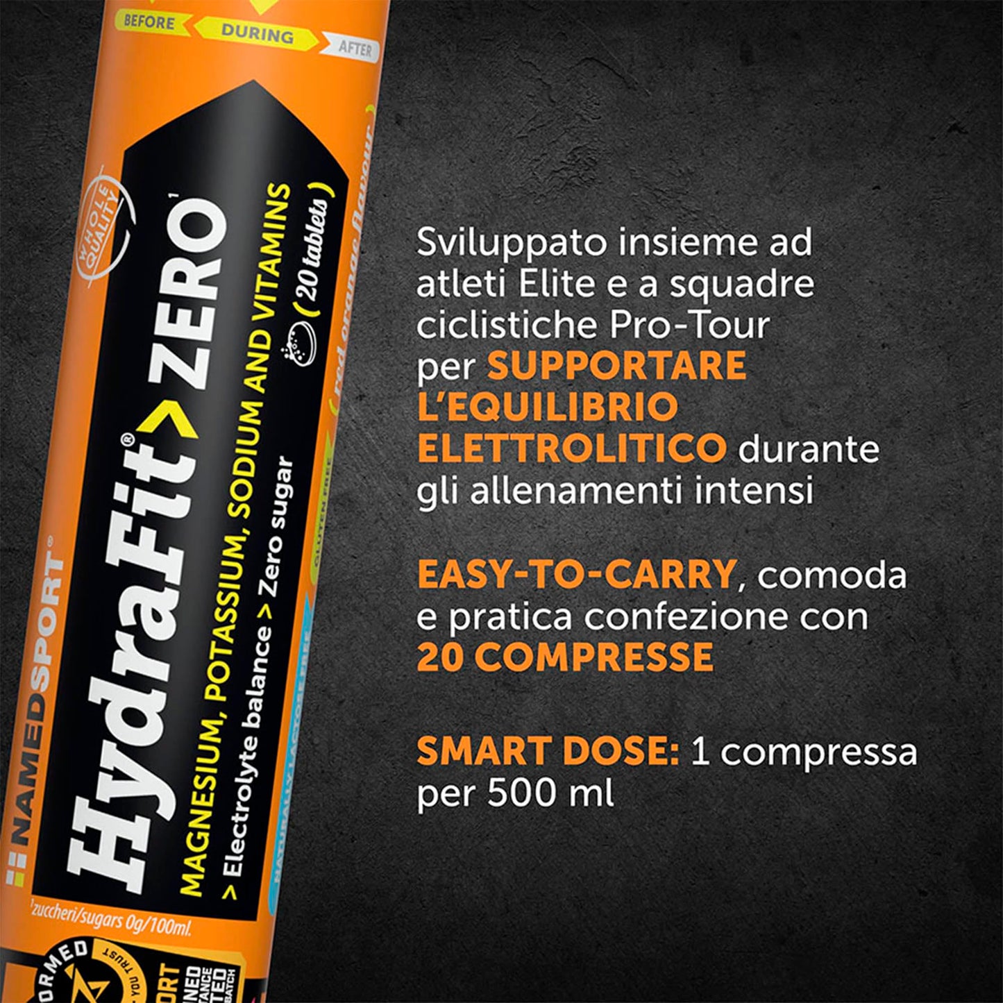 NAMEDSPORT HydraFit> ZERO – Compresse Effervescenti con Elettroliti e Vitamine, Senza Zuccheri e Calorie – 9 Confezioni da 20 Compresse (Totale 180 Compresse) – Gusto Arancia Rossa